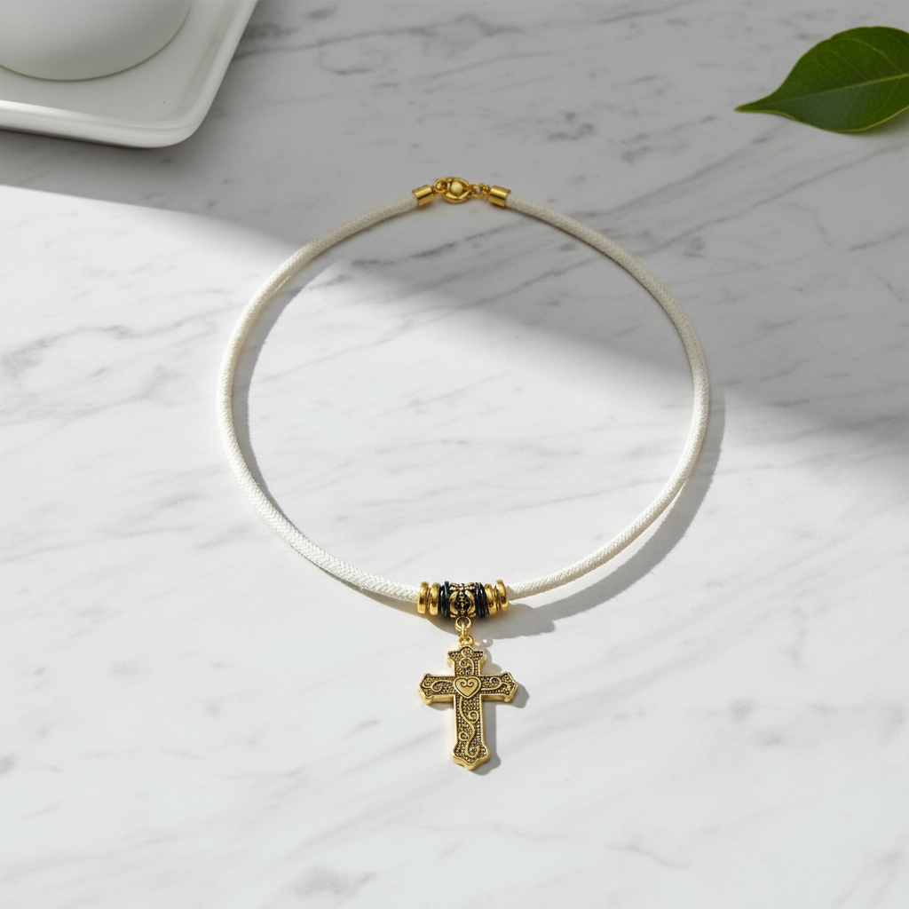 Gold Cross Choker On A Table
