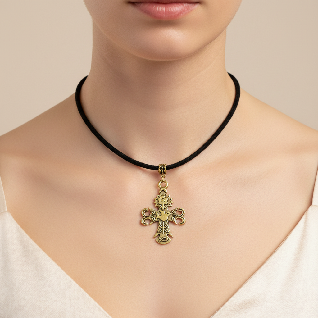 Gold Cross With Dove Choker On A Woman Model