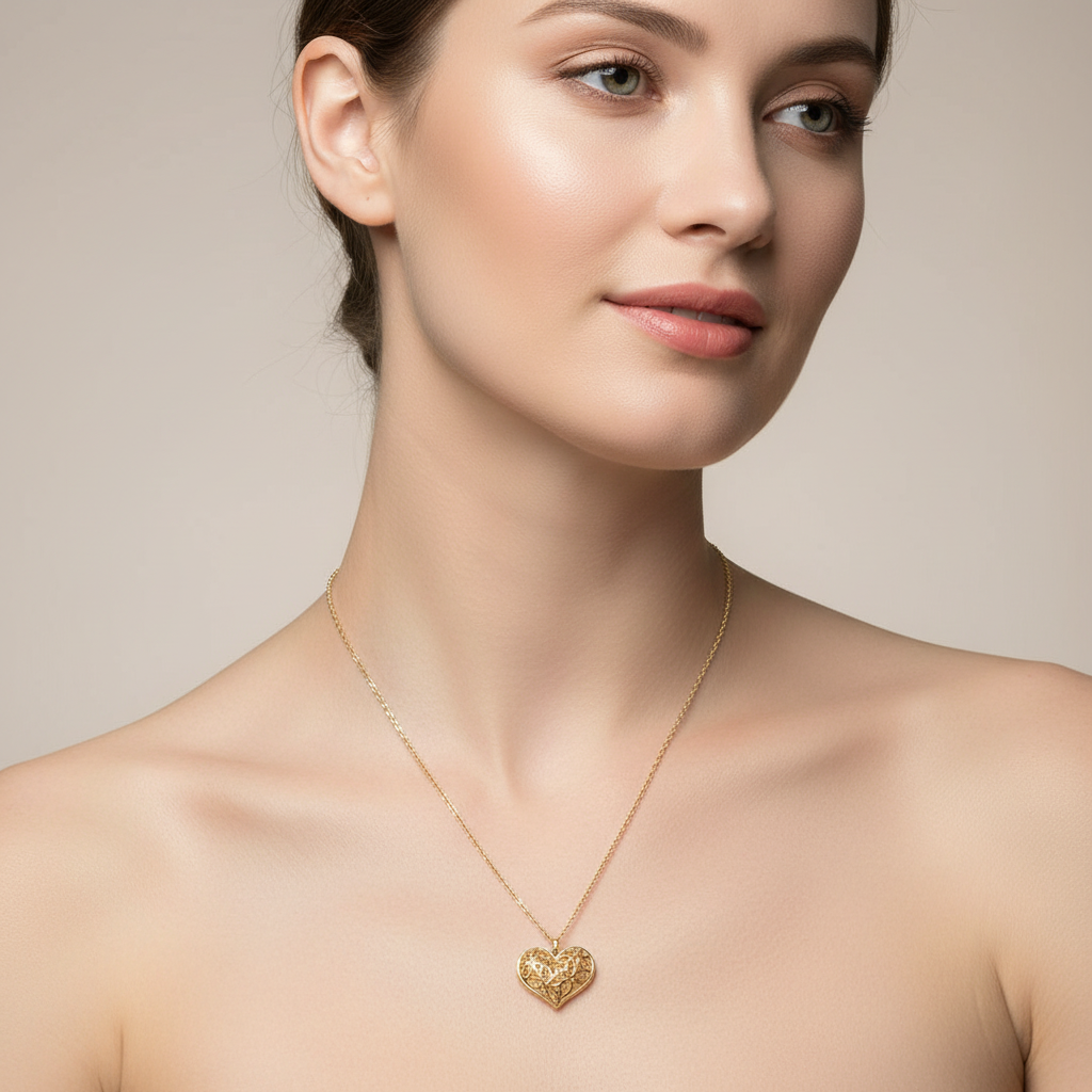 Gold Cut Out Heart Necklace On A Woman.
