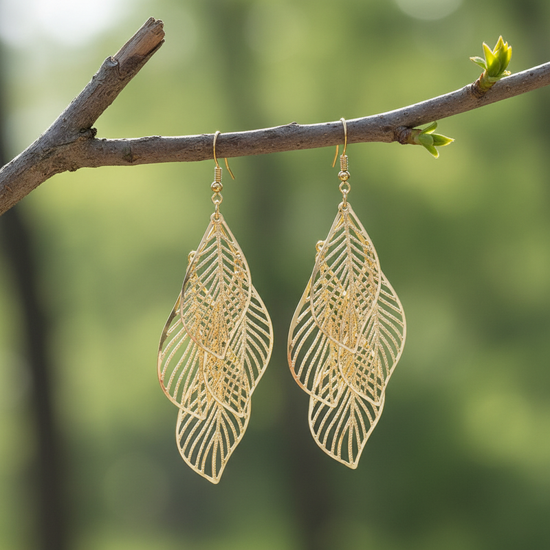 Gold Cut Out Leaf Earrings on Branch