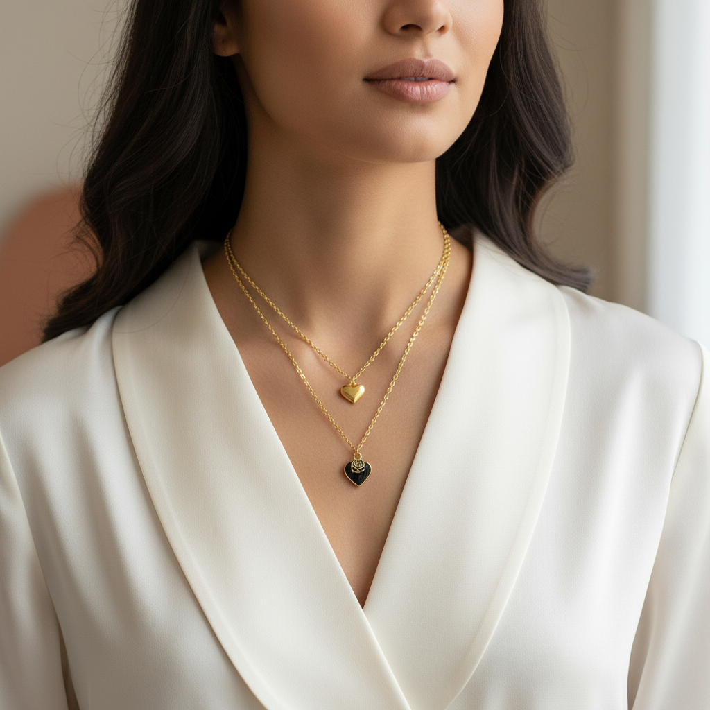 Gold Layered Heart Necklace On A Woman