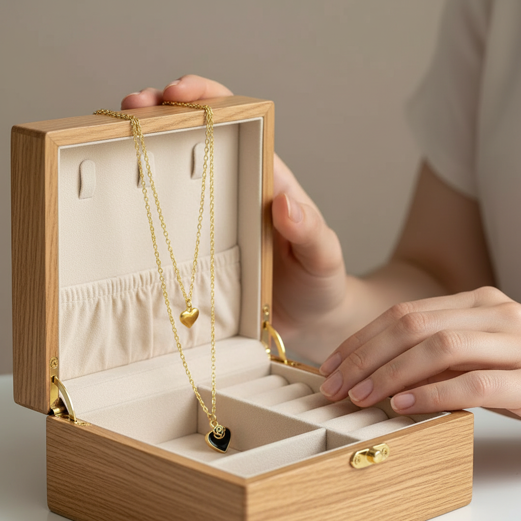 Gold Layered Heart Necklace on Jewelry Box
