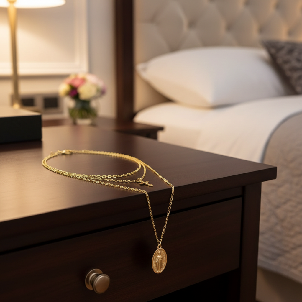 Gold Layered Mother Mary & Cross Necklace on Nightstand