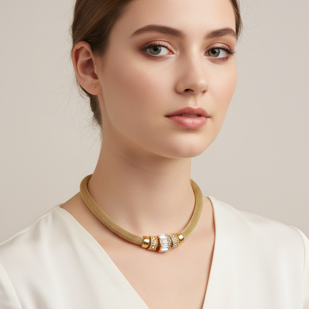 Gold Mesh and Crystal Necklace On A Model.