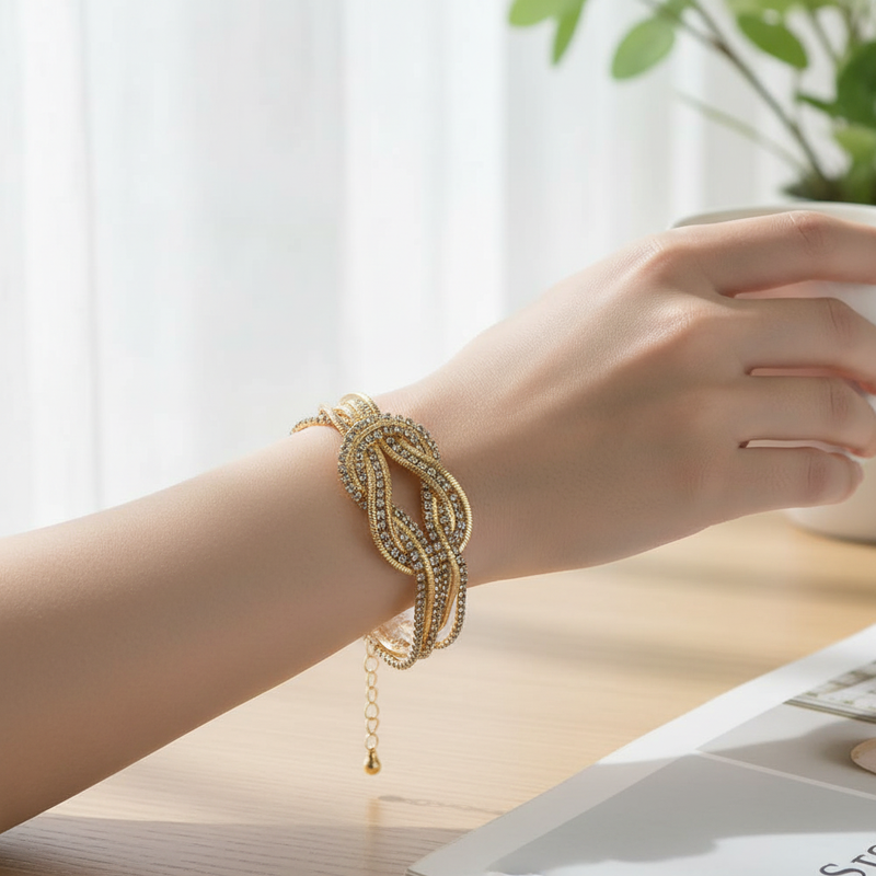 Gold Rhinestone Knot Bracelet On A Womans Wrist.