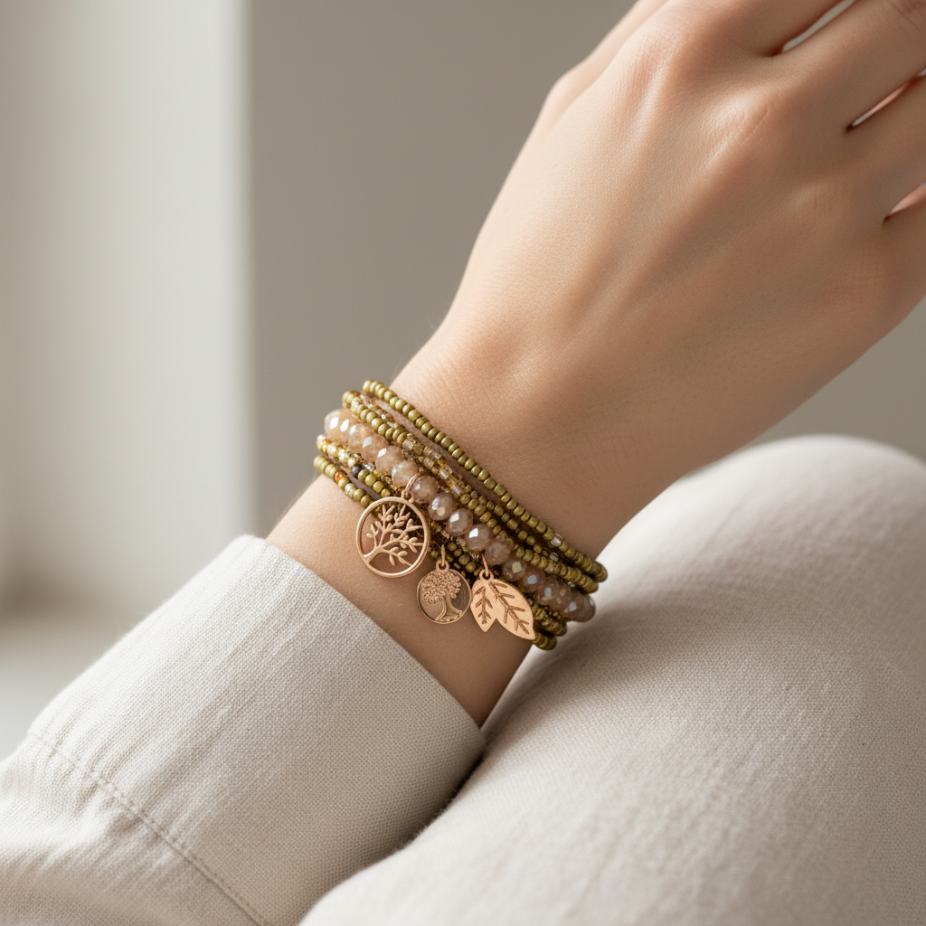Gold Seed Bead Multi-Layered Bracelet On A Womans Wrist.