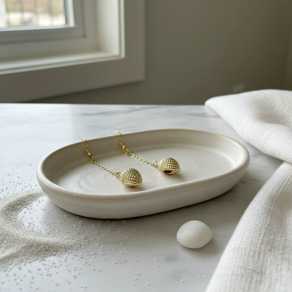 Gold Shell Earrings in s Dish.