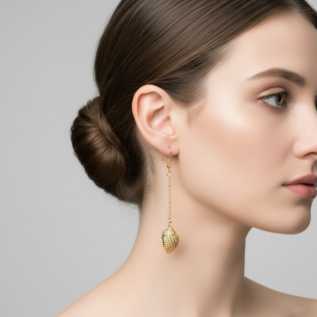 Gold Shell Earrings on Model.