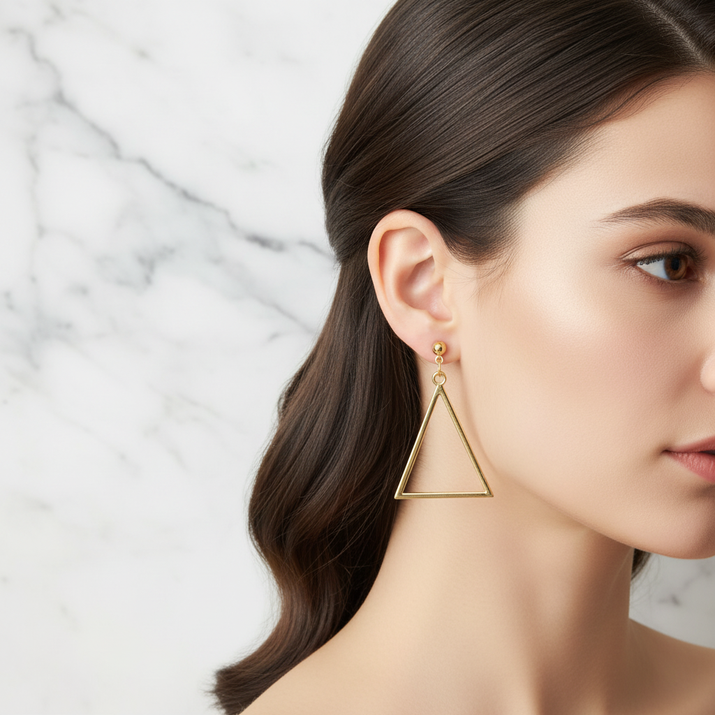 Gold triangle drop earrings on a brunette model.
