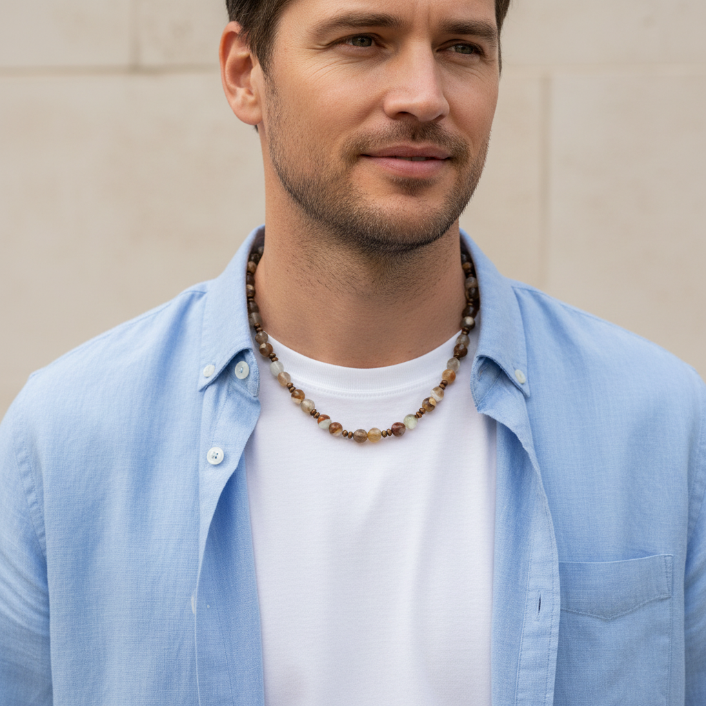 Mens Gray and Amber Agate and Wood Beaded Necklace On a Model.