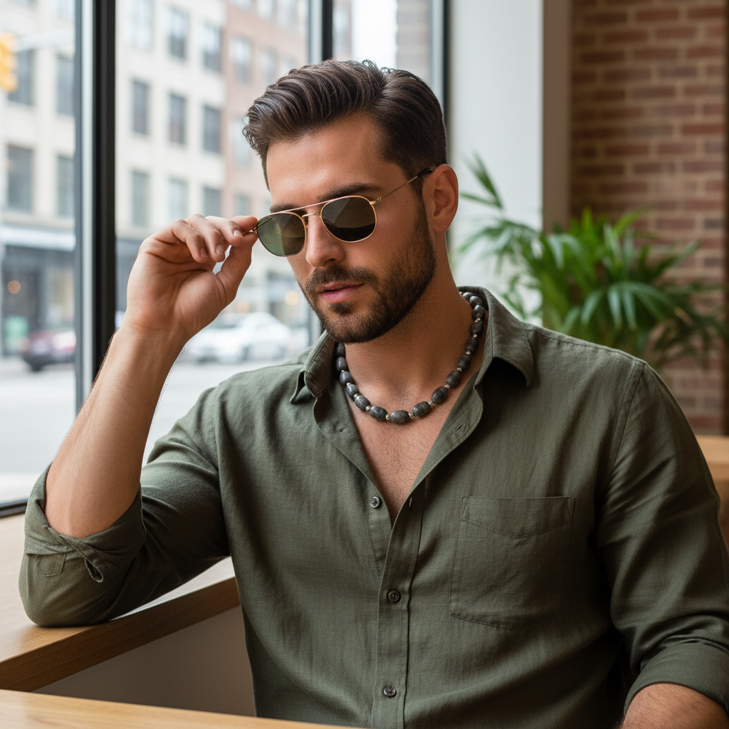 Gray Oval Marble Mens Beaded Necklace on male model.