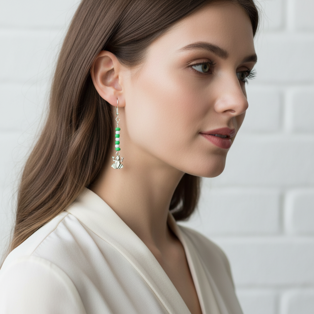 Green and White Beaded Frog Dangle Earrings On A Model.