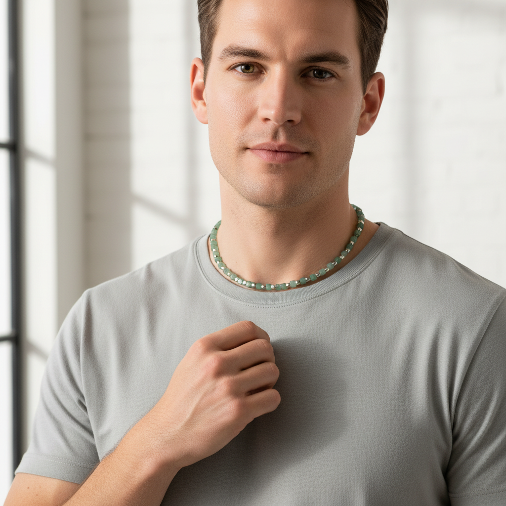 Green Aventurine Necklace On a Man.