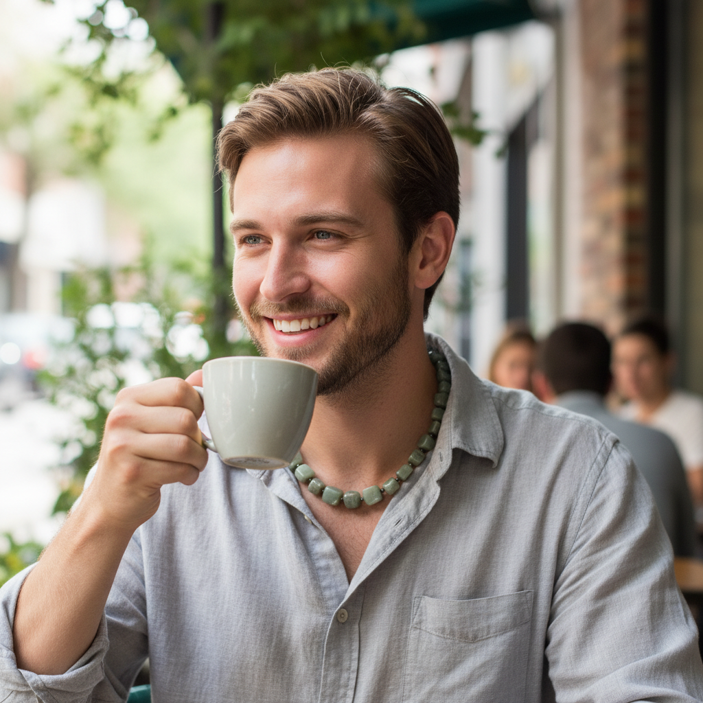 Mens Green Aventurine Square Nugget Beaded Necklace On A Male Model.