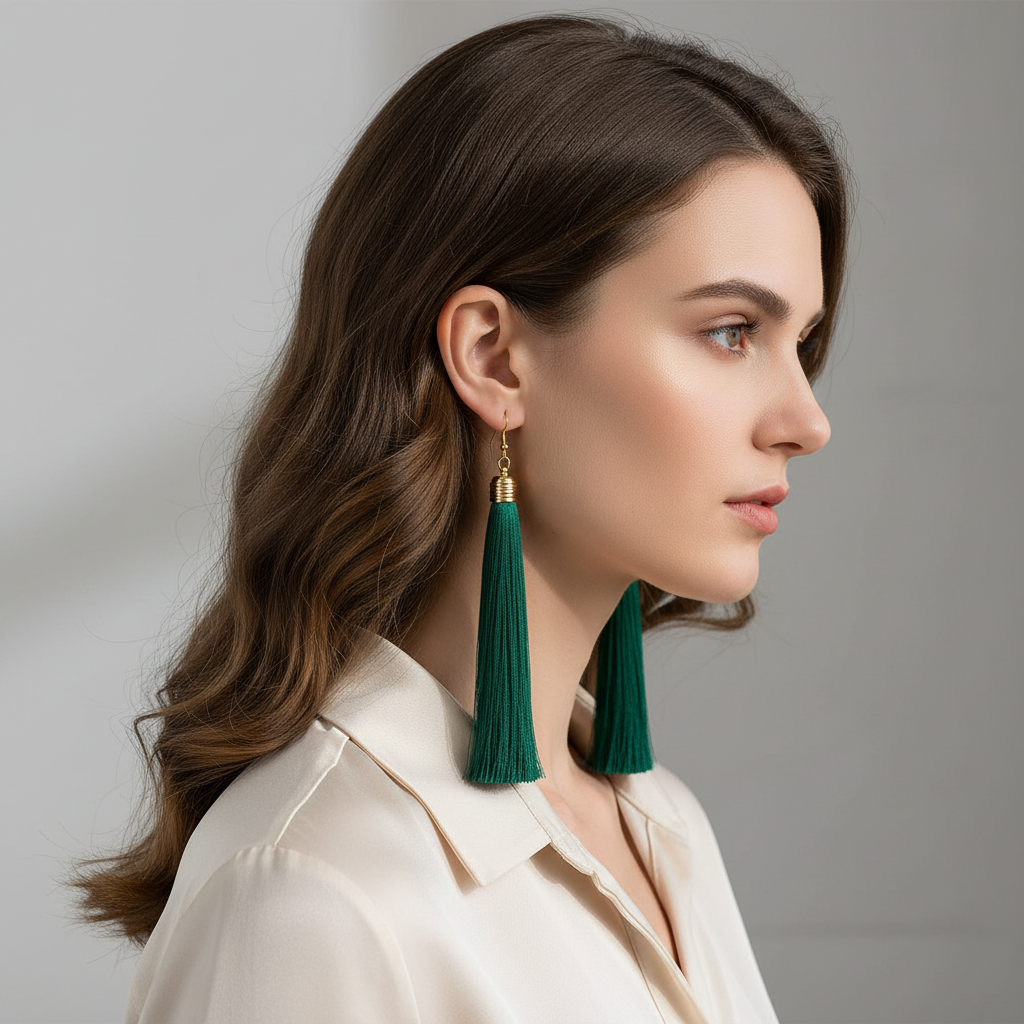 Green Long Tassel Earrings On A Model.