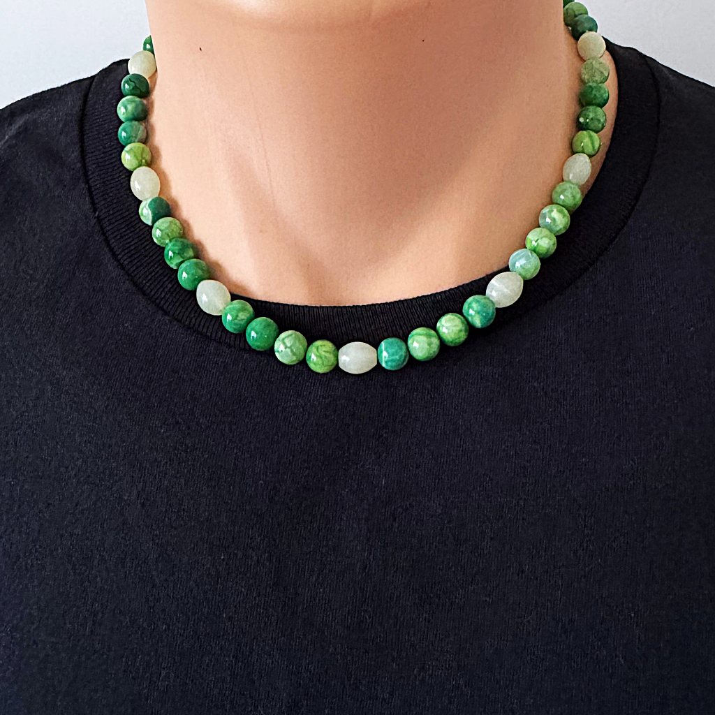 Mens Green Agate and Jade Beaded Necklace