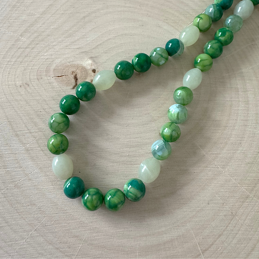 Mens Green Agate and Jade Beaded Necklace Displayed