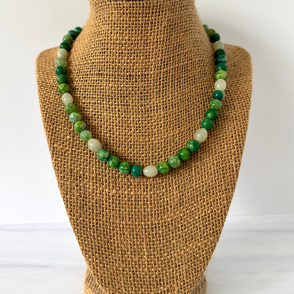 Mens 8mm Green Agate and Jade Beaded Necklace