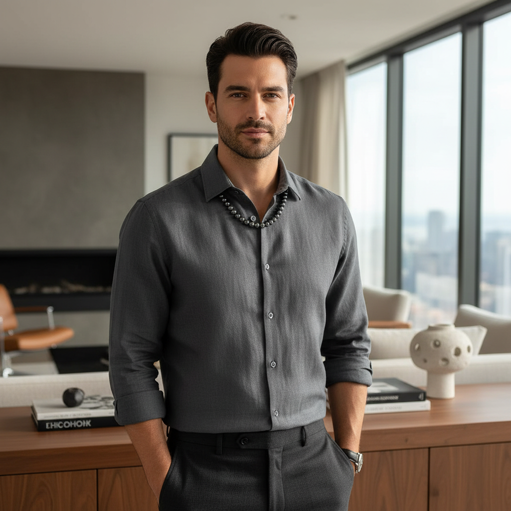 Hematite Mens Beaded Necklace on Male Model.