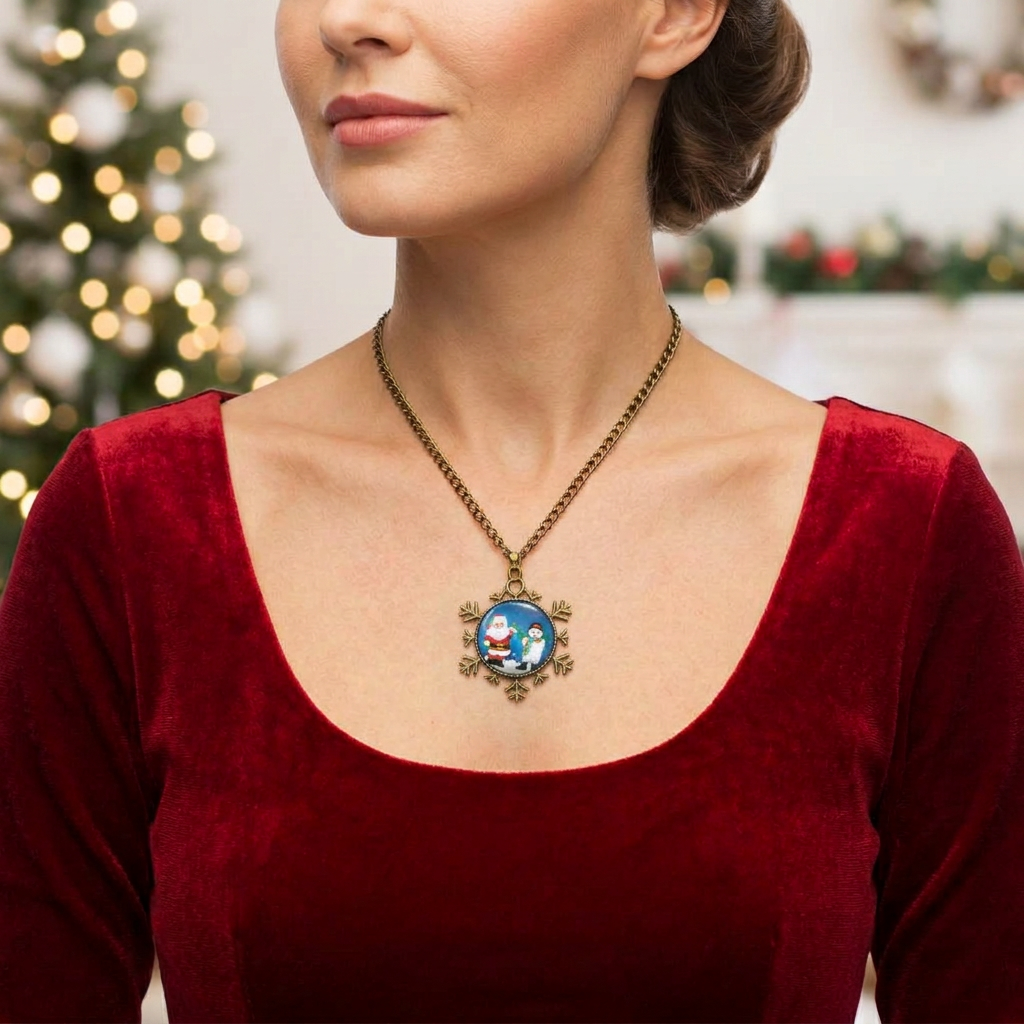 Santa Claus and Snowman Christmas Snowflake Necklace On A Woman