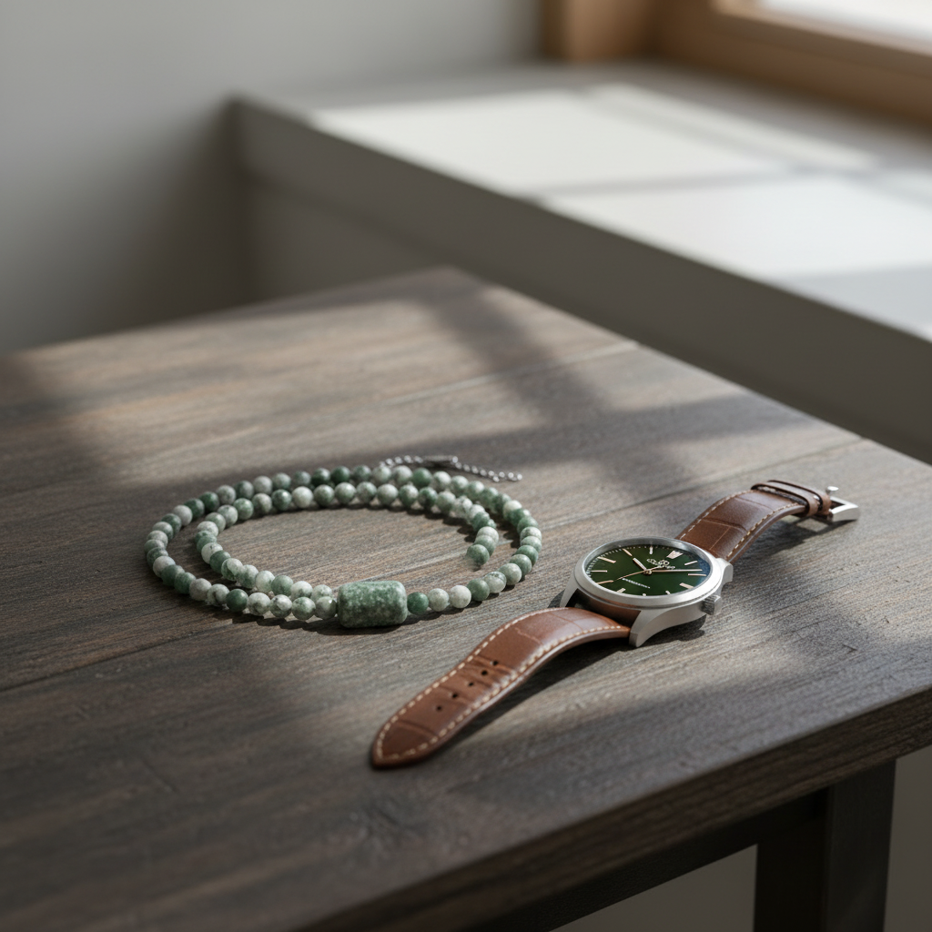 Mens tree agate stone beaded necklace on a wooden table next to a man's watch