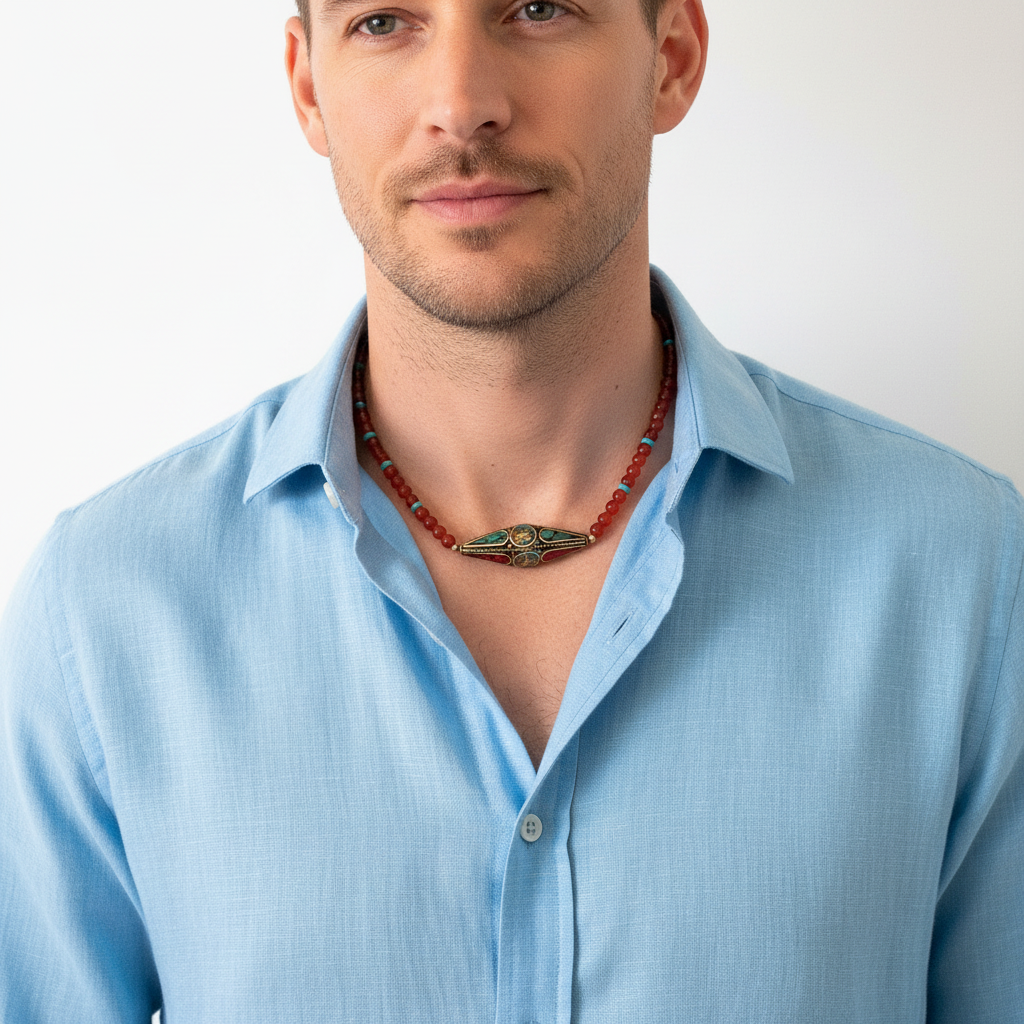 Man wearing carnelian and turquoise howlite beaded necklace with shirt