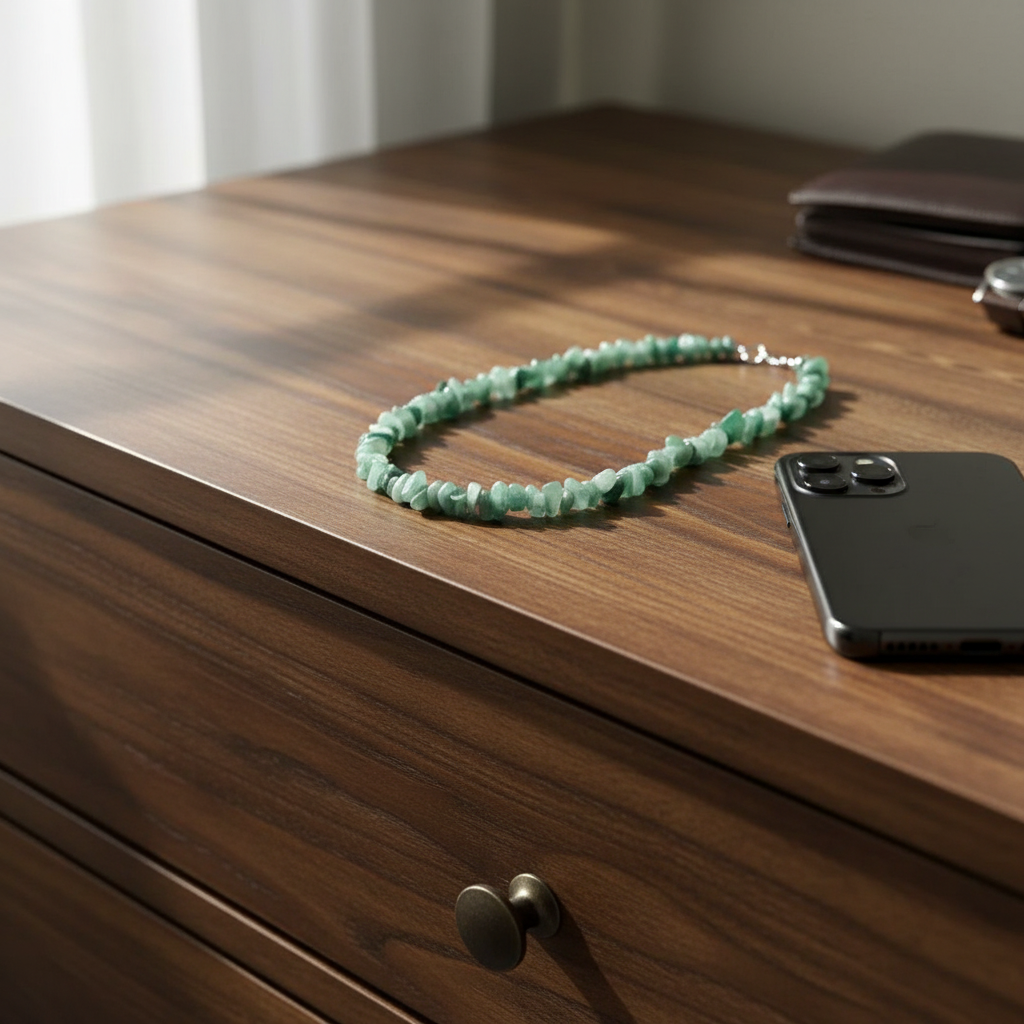 Mens green aventurine chip beaded necklace on a man's dresser next to a cell phone