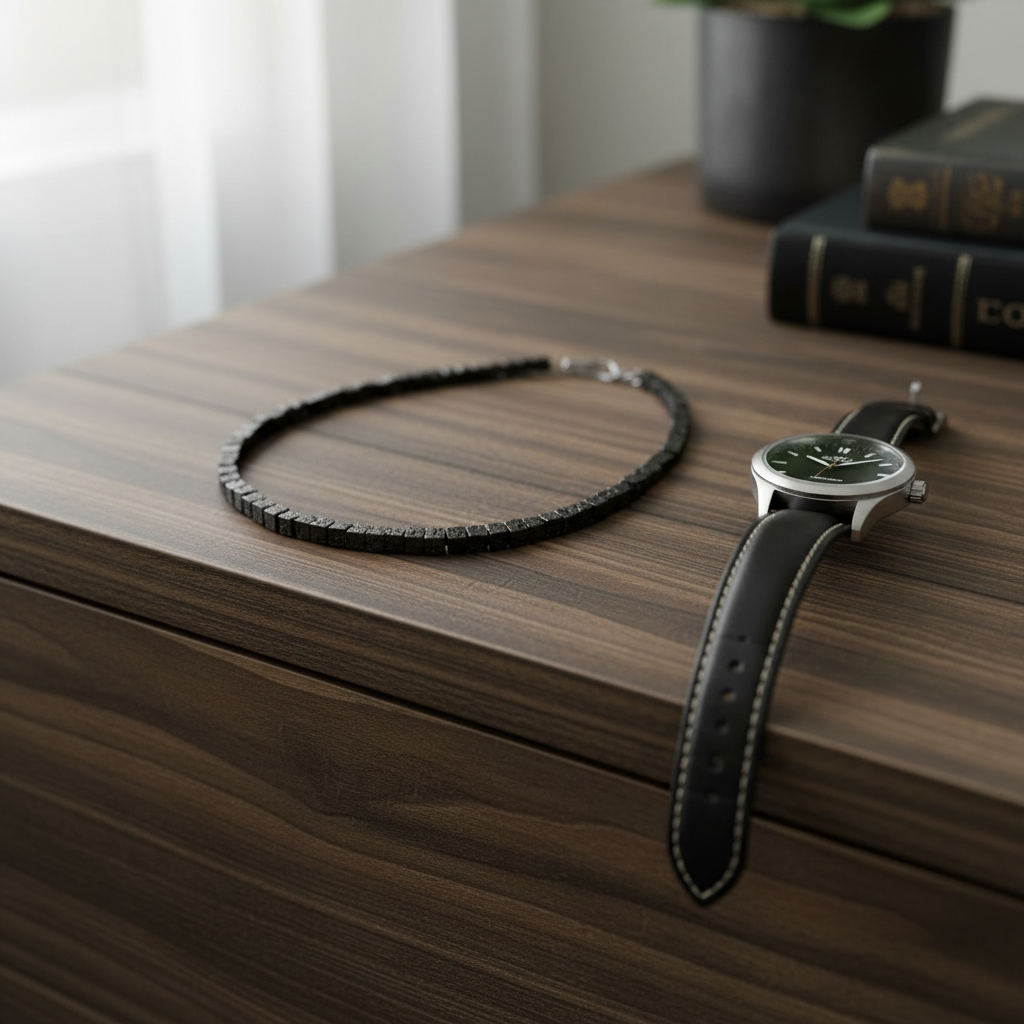Black lava cube necklace resting on a wooden dresser next to a man's wristwatch