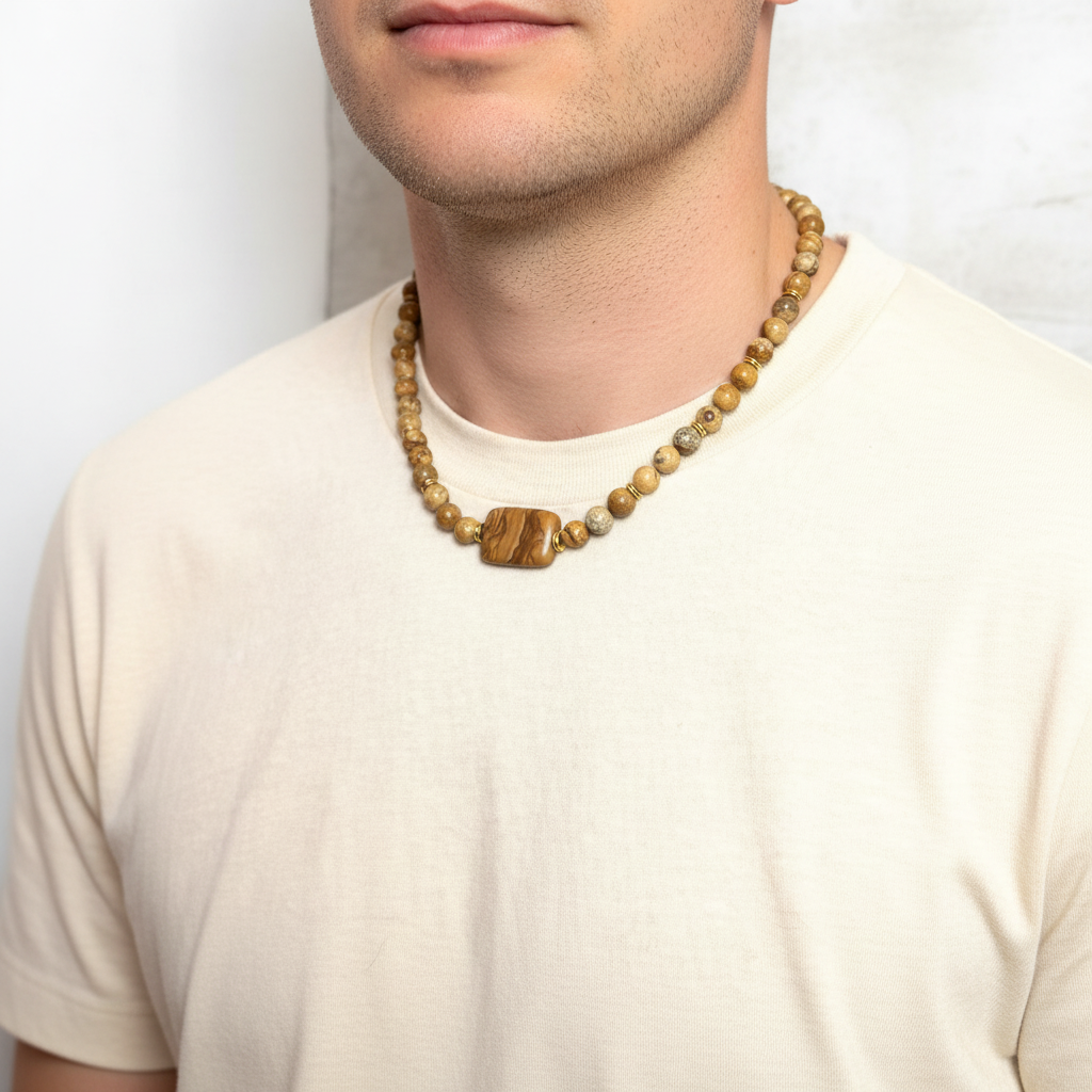 Mens Picture Jasper Beaded Stone Necklace