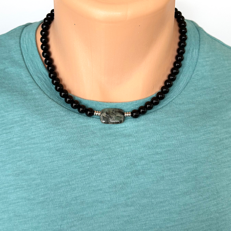 Black Onyx and Prehnite Stone Mens Beaded Necklace 18"