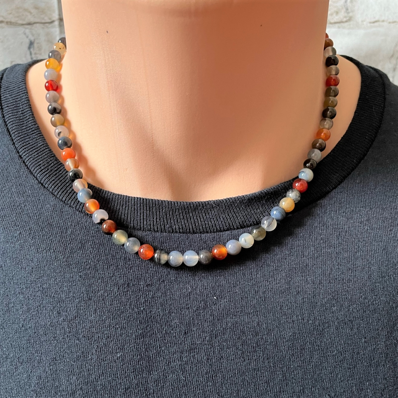 Dark Multi Agate Mens Beaded Necklace 6mm 18".