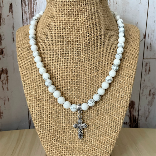 Mens Magnesite Beaded Necklace with Silver Cross