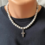 Mens Magnesite Beaded Necklace with Silver Cross