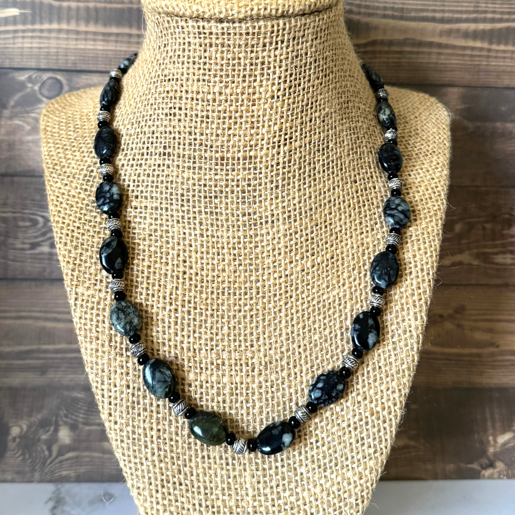 Mens Snowflake Obsidian Oval Beaded Necklace