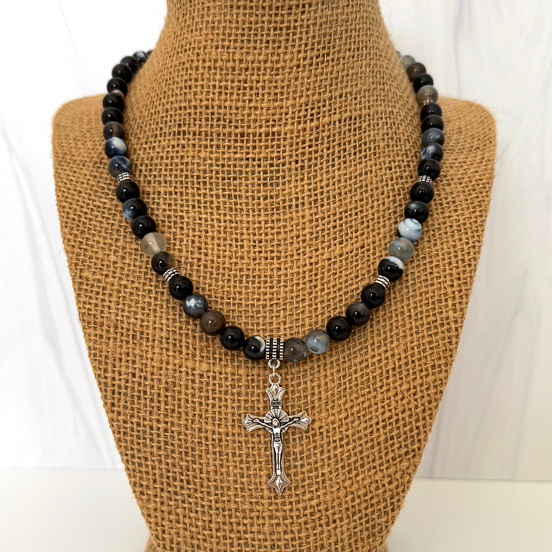 Mens Black and Blue Line Agate Beaded Necklace with Silver Cross of Jesus 8mm 18" Religious
