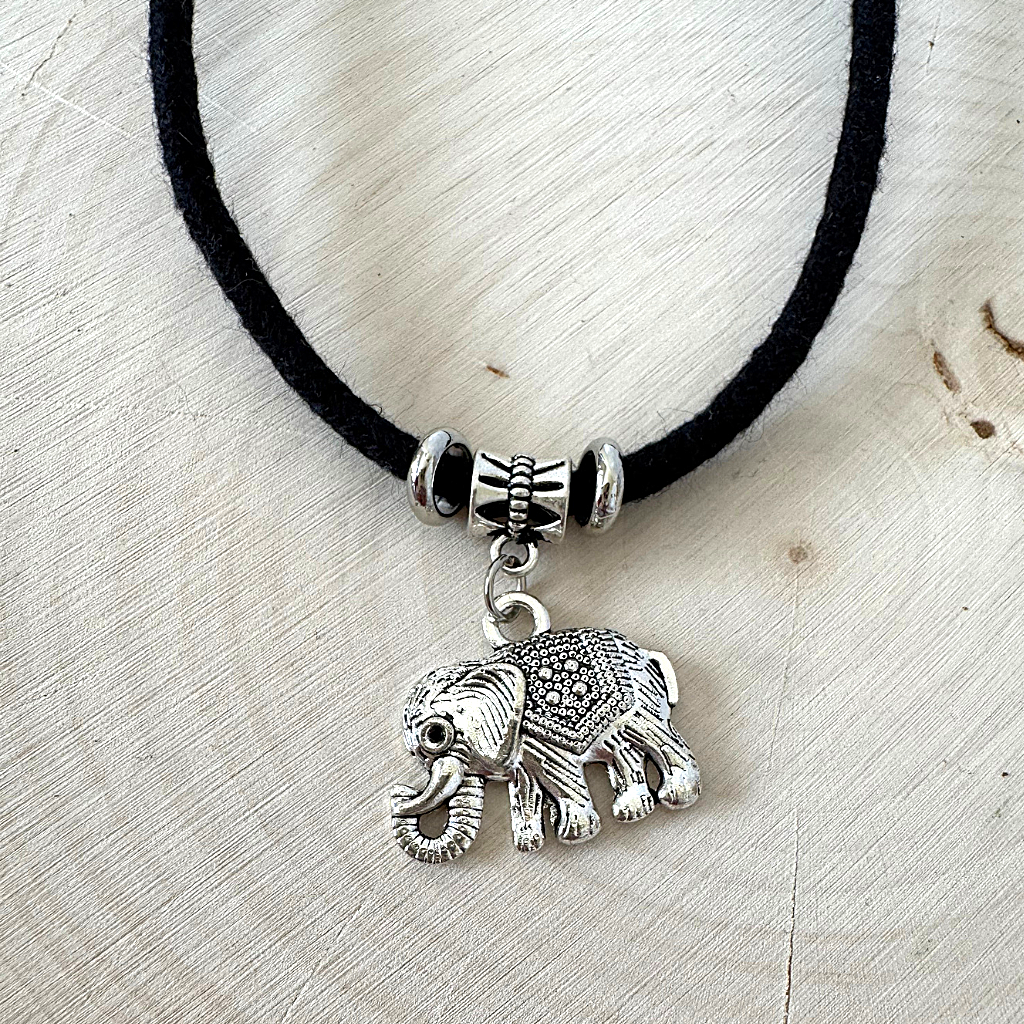 Womens Silver Elephant Choker On Black Cord