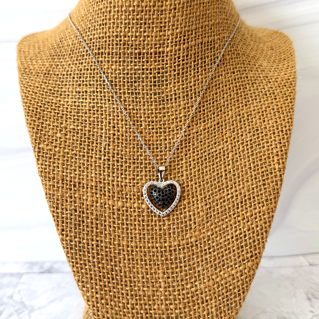 Sterling Silver CZ Black and Clear Heart Necklace - JaeBee