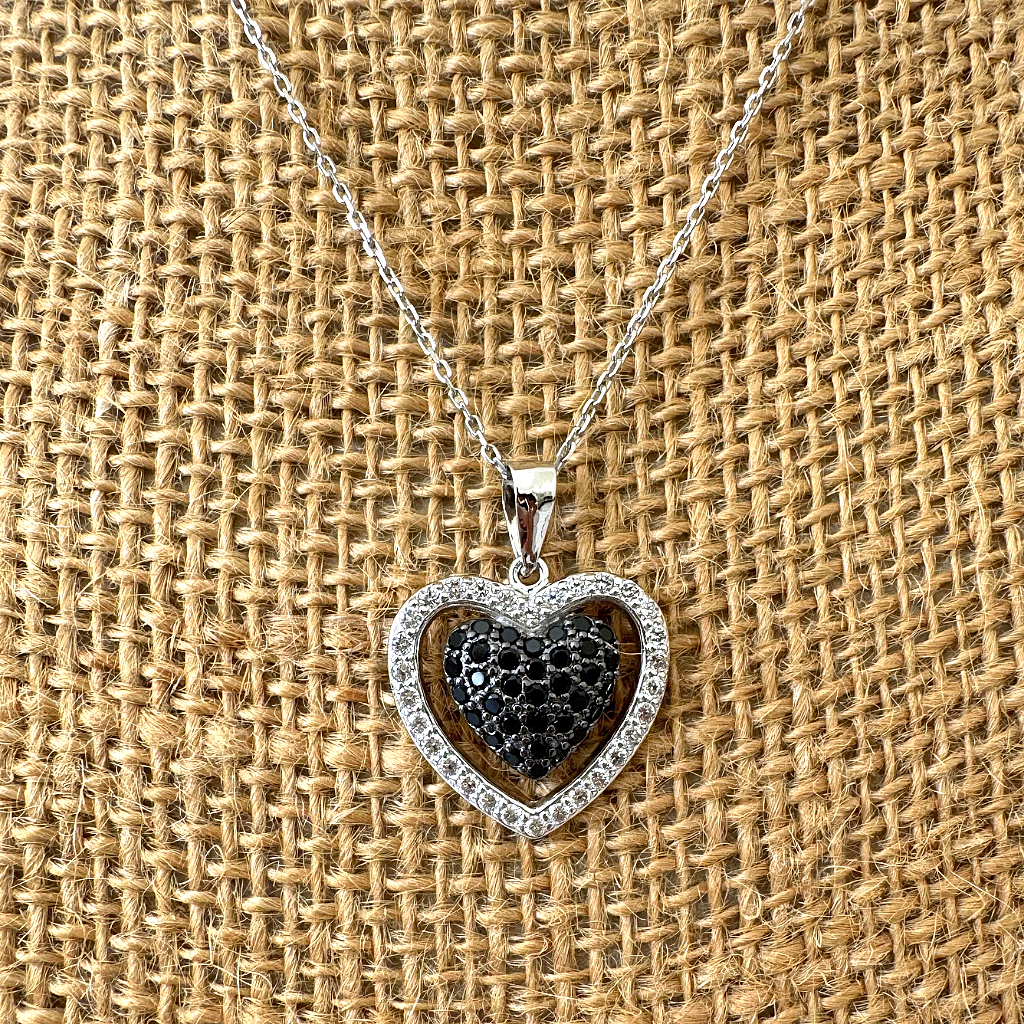 Sterling Silver CZ Black and Clear Heart Necklace - JaeBee