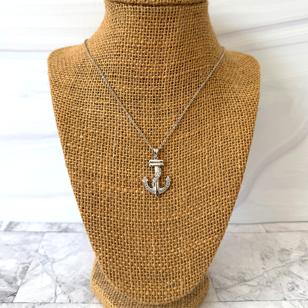 Sterling Silver and CZ Stone Anchor Charm Necklace - JaeBee