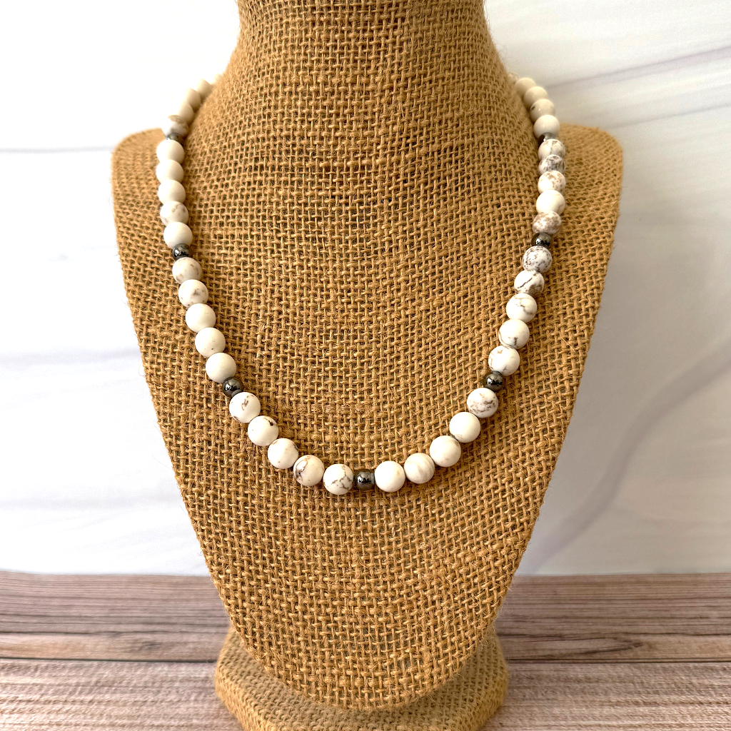 White Magnesite Mens Beaded Necklace