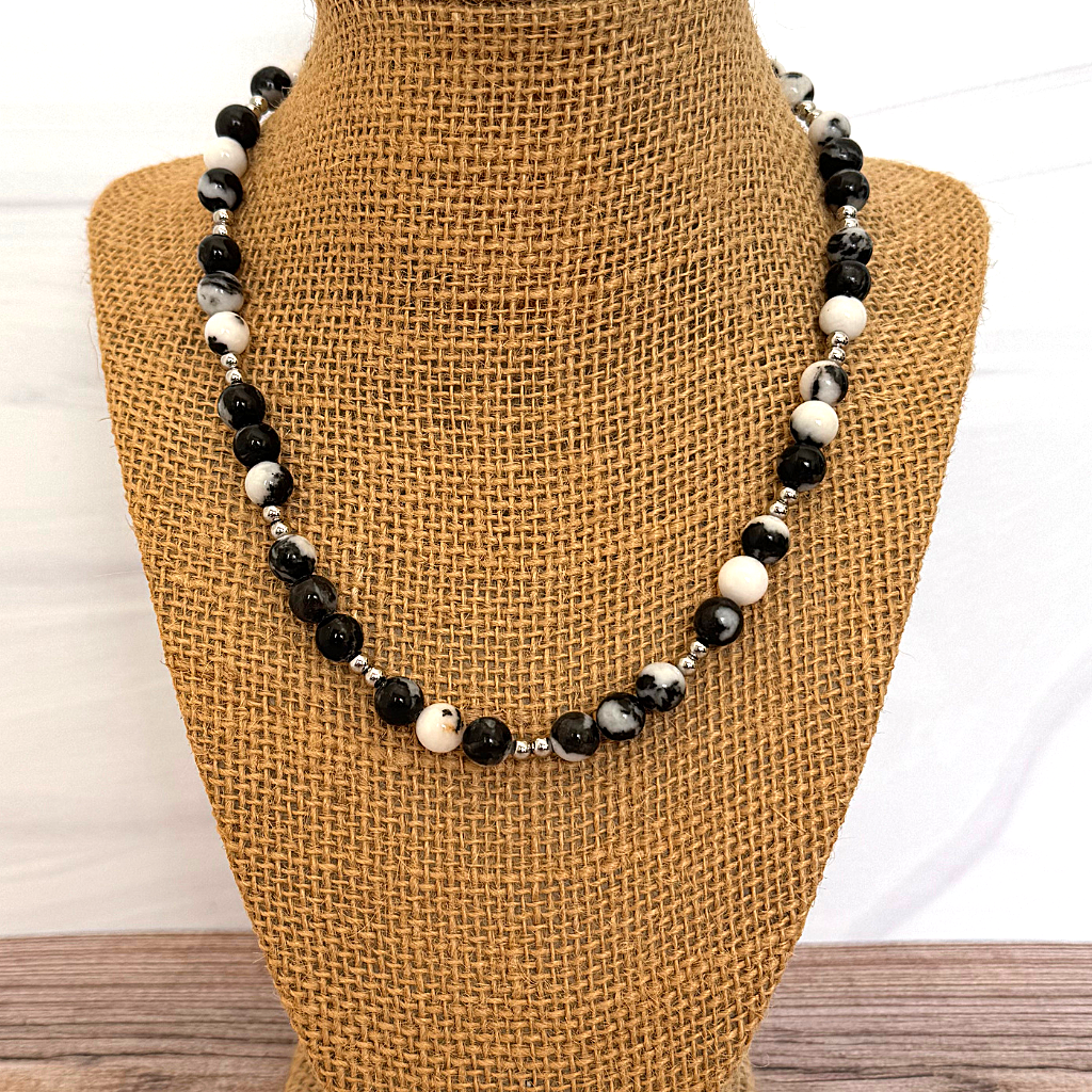 18" 20" Mens Black Zebra Agate and Silver Round Beaded Necklace
