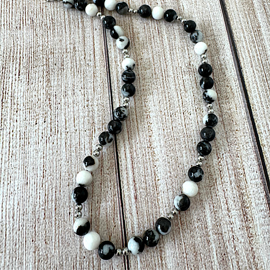Mens Black Agate Black and White  Silver Round Beaded Necklace