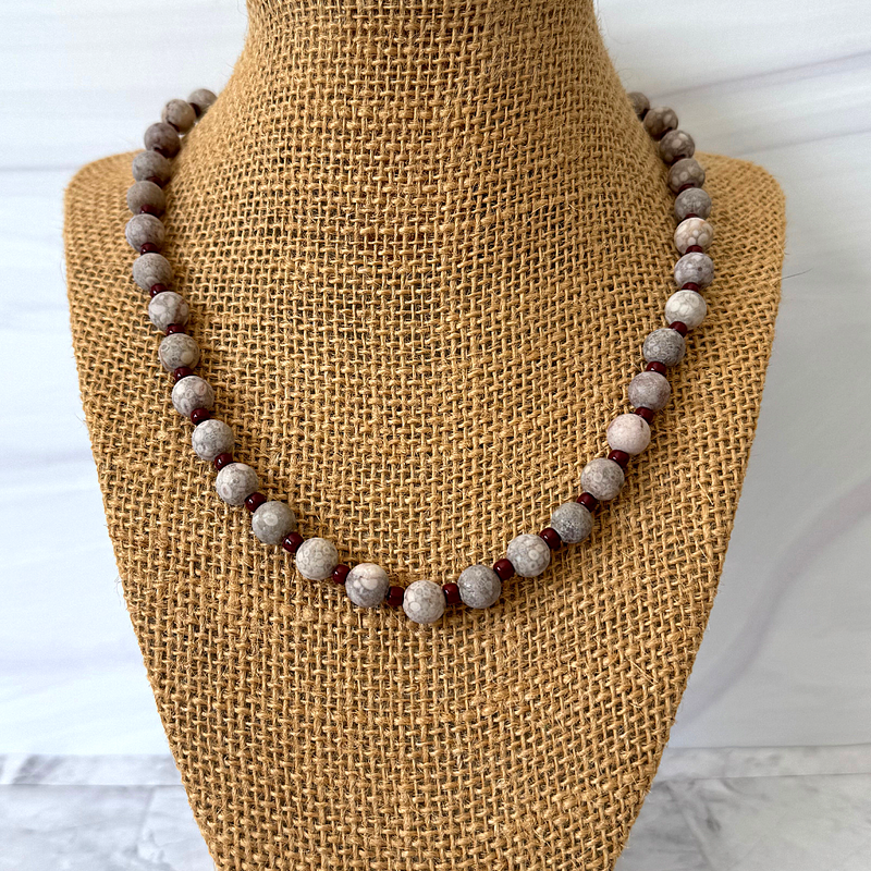 Mens Matte Maifan Beige Beaded Necklace 8mm