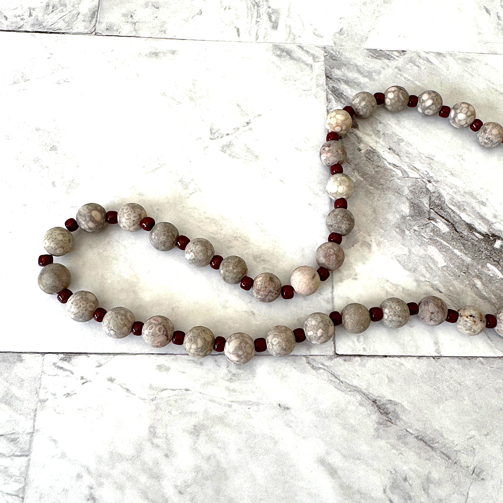 Mens Matte Maifan Beige Beaded Necklace, Brown Beads