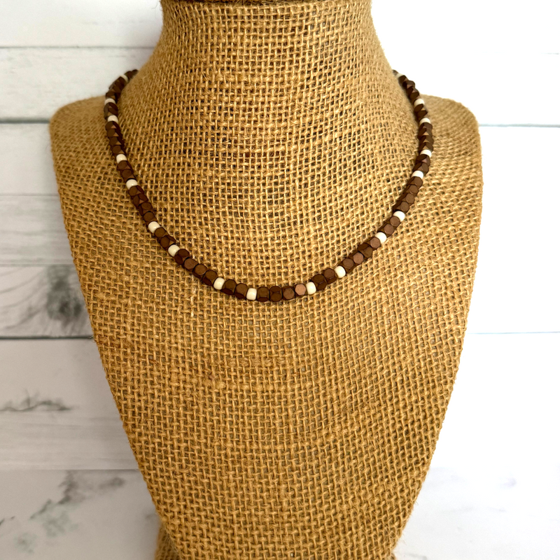 Mens Matte Copper Hexagon and Beige Toho Beaded Necklace 4mm
