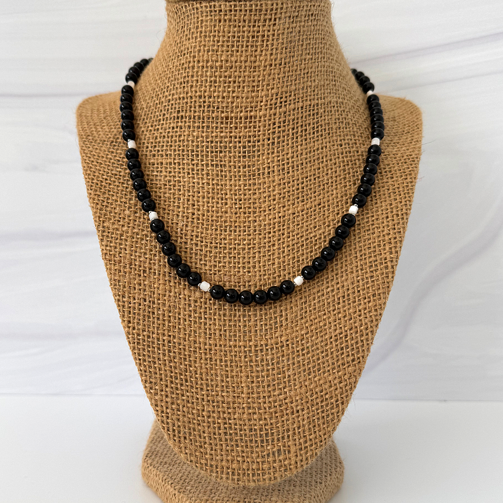 Mens 6mm Black Onyx and White  Mother of Pearl Beaded Necklace.