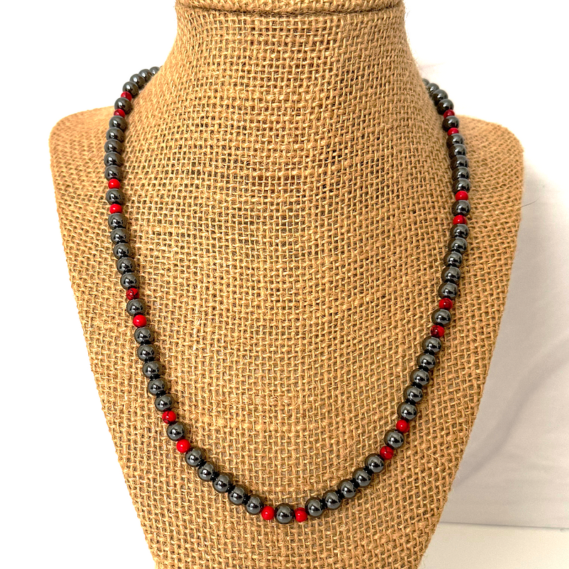 Mens 6mm Hematite and Red Howlite Beaded Necklace 20"