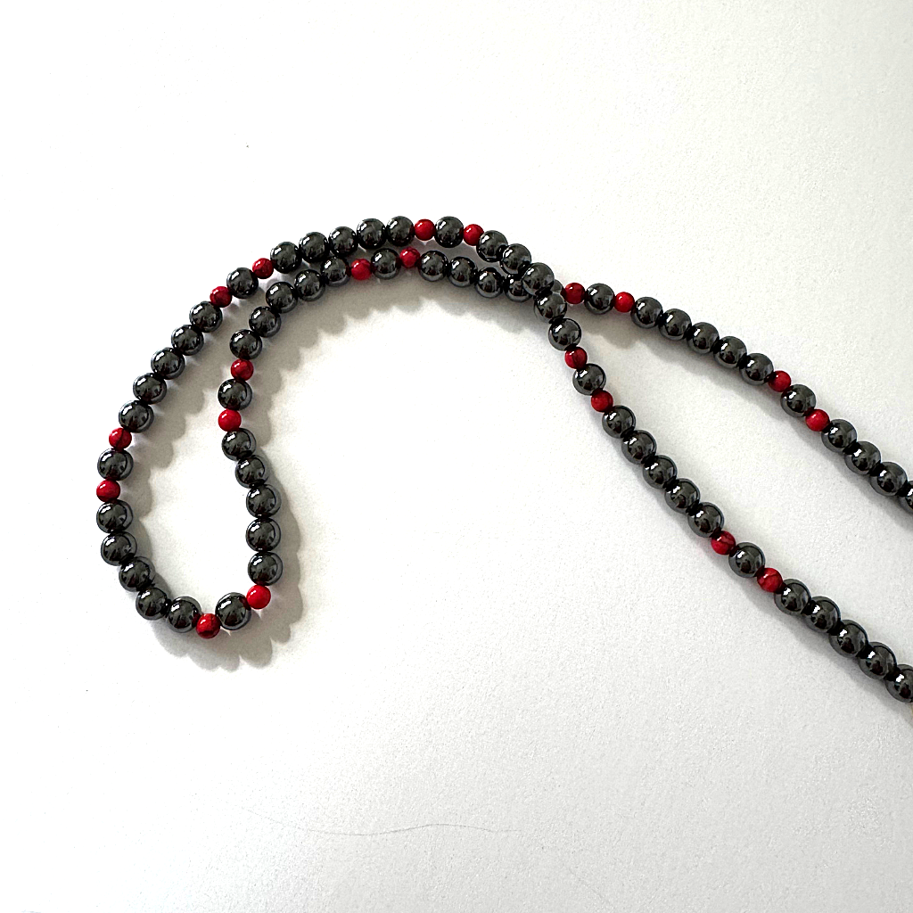 Mens 6mm Hematite and Red Howlite Beaded Necklace 22" Silver