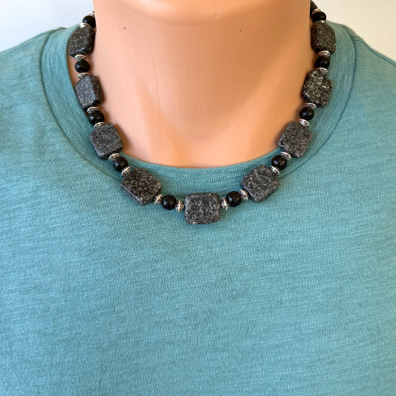 Mens Black Feldspar and Black Onyx Beaded Necklace 18"
