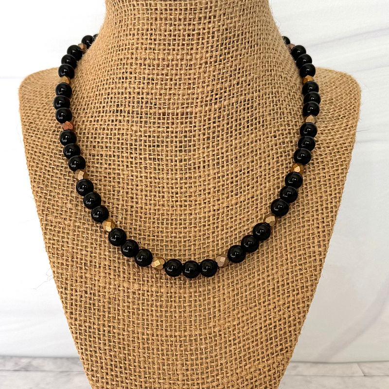Mens Black Onyx and Gold Beaded Necklace 18" 20" 22", 6mm